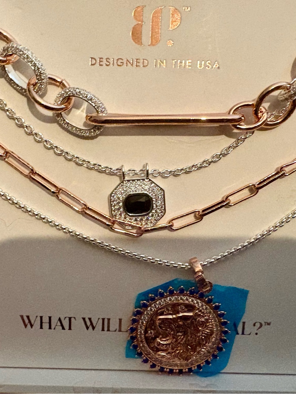 Luxe Layer Rose Gold & Silver Coin Pendant Necklace with Blue Accent